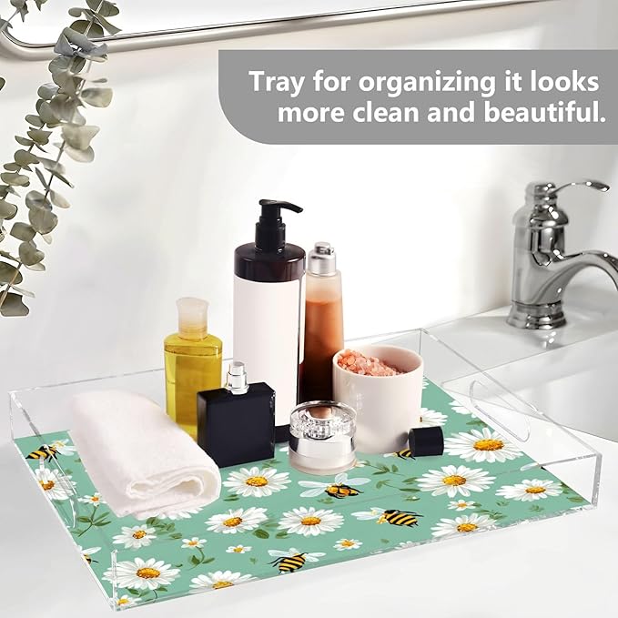Serving Tray with Handles Clear Acrylic Tray 12x16 Inch Decorative Rectangular Tray Organizer for Ottoman Coffee Table Bathroom Mint Green Daisy Flowers and Bees