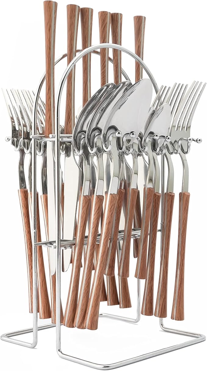 25 PCS Silverware Set with Storage Holder - Family Flatware Set Service for 6 - Silver Stainless Steel Cutlery Set with Wood Grain Handle - Tableware Utensils Set with Hanging Rack - Mirror Polished