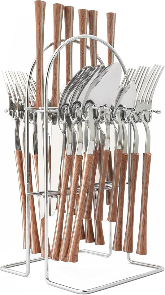 25 PCS Silverware Set with Storage Holder - Family Flatware Set Service for 6 - Silver Stainless Steel Cutlery Set with Wood Grain Handle - Tableware Utensils Set with Hanging Rack - Mirror Polished