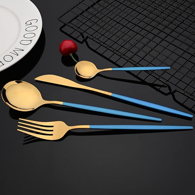 JASHII Hanging Flatware Set Include Knife Fork Spoon Teaspoon and Stand, 24pcs Stainless Steel Utensils Set Service for 6,Modern Design & Mirror Polished, Dishwasher Safe - Blue Gold