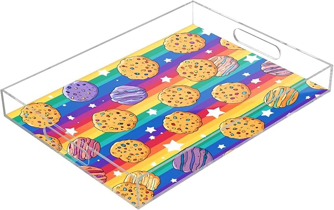Serving Tray with Handles Clear Acrylic Tray 12x16 Inch Decorative Rectangular Tray Organizer for Ottoman Coffee Table Bathroom Rainbow Stripes Cookies Stars