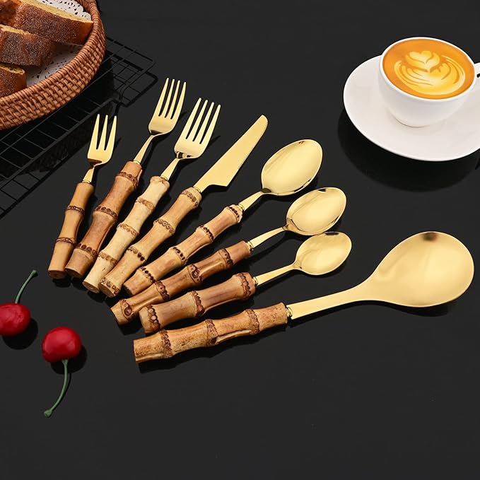 JASHII 30pcs Bamboo Handle Silverware Set, 304 Stainless Steel Gold Flatware Set, Service for 4, with 2pcs Serving Spoons.Mirror Polished, Reusable Bamboo Cutlery Set for Home Party