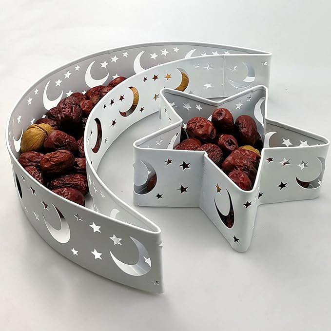 Eid Mubarak Moon Star Tray, Ramadan Decoration Ramadan Trays, Muslim Wooden Plate Tray Moon Star Shaped Food Fruit Serving Tray, Eid Mubarak Dessert Tray for Ramadan Festival Party(Silver A1)