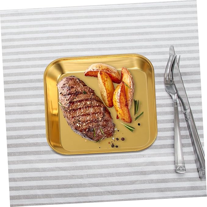 Ciieeo 2pcs Stainless Steel Food Trays Baking Small Square Metal Dinner Plates Gold Serving Tray for Appetizer Cookie