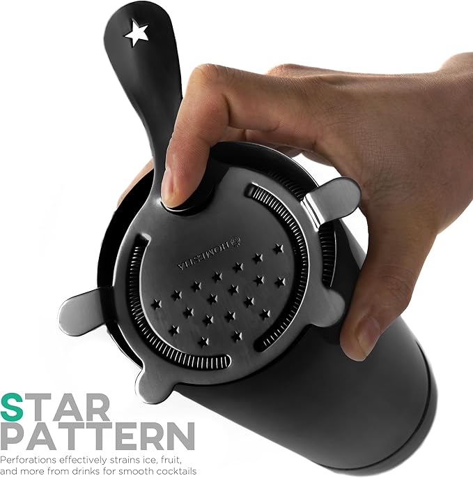 Homestia Cocktail Strainer Set – Bar tools Stainless Steel Includes Hawthorne Strainer, Julep & Fine Mesh Cocktail Strainers, Mixing Spoon – Drink Shaker Strainer for Bartending (5 Pieces, Black)