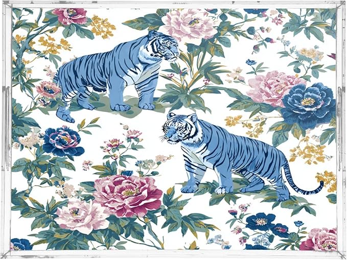 Serving Tray with Handles Clear Acrylic Tray 12x16 Inch Decorative Rectangular Tray Organizer for Ottoman Coffee Table Bathroom Floral Vintage Blue Tigers