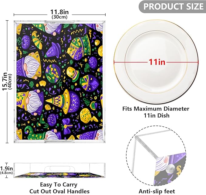 Serving Tray with Handles Clear Acrylic Tray 12x16 Inch Decorative Rectangular Tray Organizer for Ottoman Coffee Table Bathroom Purple Mardi Gras Gnome