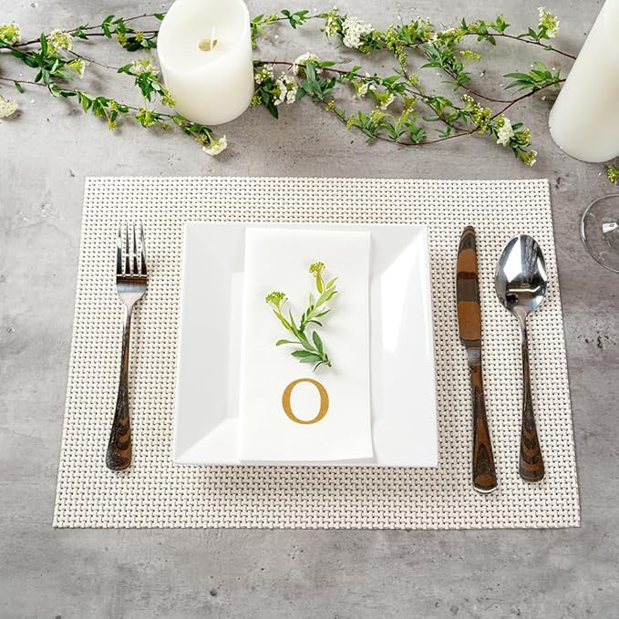 Luxenap 15.8 X 7.9 Inch Linen-Feel Guest Towels, 2000 Lettered Hand Towels - Gold Letter 'O', Sans Serif Font, White Paper Dinner Napkins, airlaid, For Restrooms And Tables