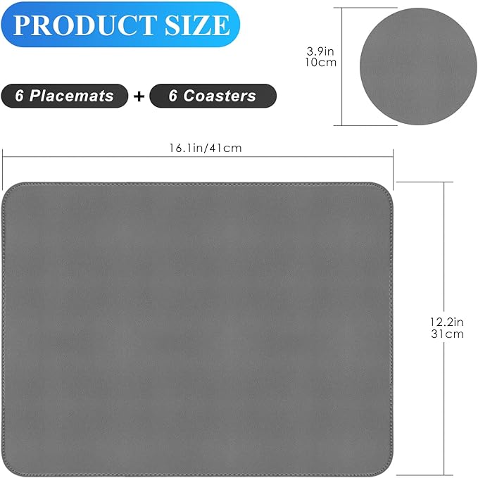 Vinyl Placemats Set of 6, Faux Leather Heat Resistant Kitchen Place Mats, Waterproof Wipeable Dining Table Mats and Coasters for Indoor, Outdoor (Gray)
