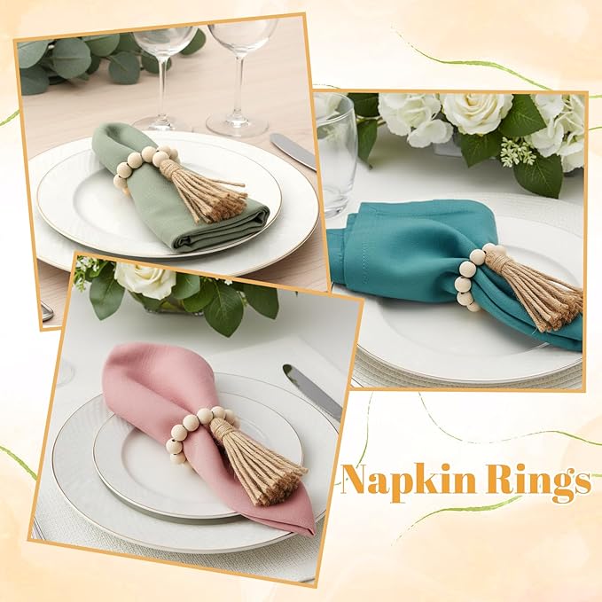 6PCS Napkin Rings, Wooden Bead Napkin Holders for Cloth Napkins, Stretchable Boho Napkins Rings Rustic Twine Rattan Design with Tassel for Farmhouse Thanksgiving Fall Spring Decor