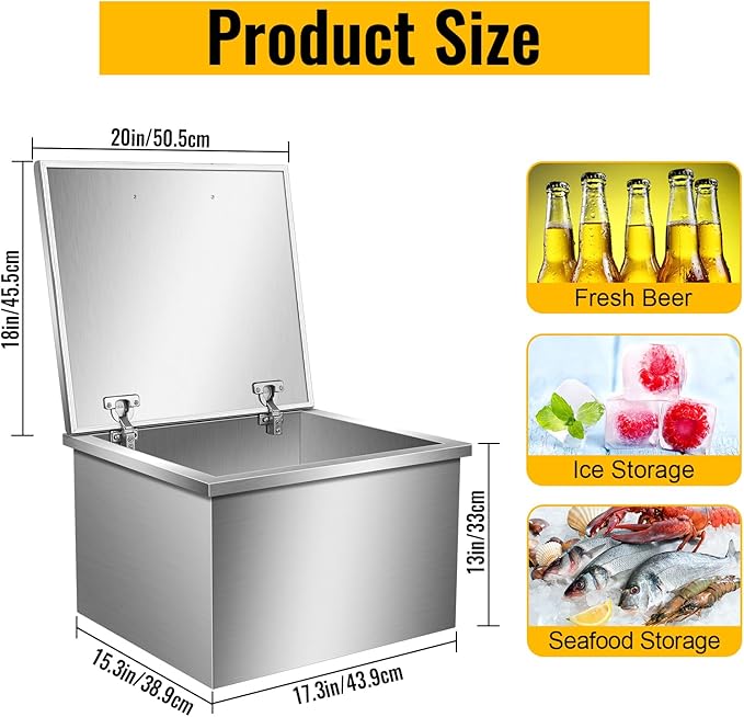 Drop in Ice Chest with Cover Stainless Steel Ice Cooler Included Drain-Pipe and Drain Plug Drop in Ice Bin Outdoor Kitchen for Cold Wine Beverage