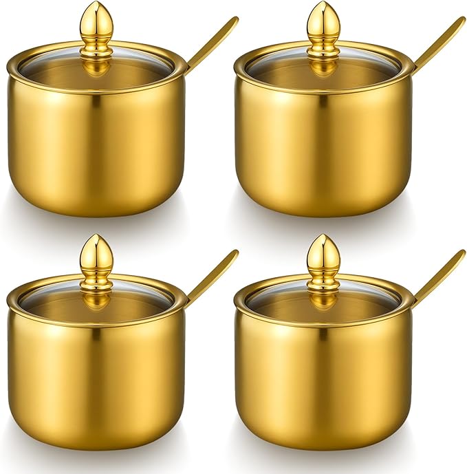 4 Pack 10oz Gold Sugar Bowl with Lid And Spoon, Stainless Steel Sugar Creamer Container Durable Round Jar for Coffee Bar Kitchen Accessories Food Storage Containers, Kitchen Decor Housewarming Gift