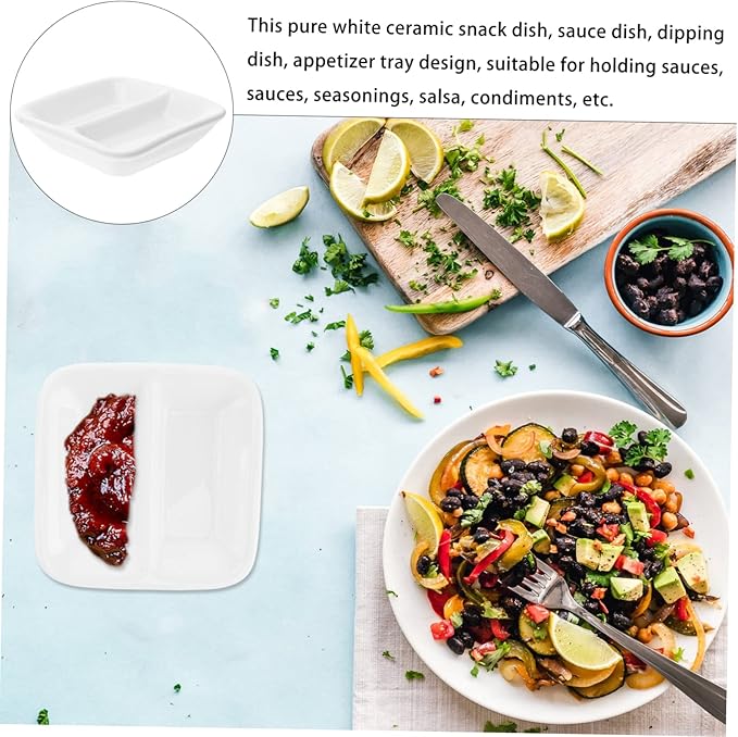 PRETYZOOM 2pcs Pure White Ceramic Appetizer Serving Tray Compartments for Soy Sauce and Dipping Sauces Versatile Snack Dish for Everyday Use and Gatherings