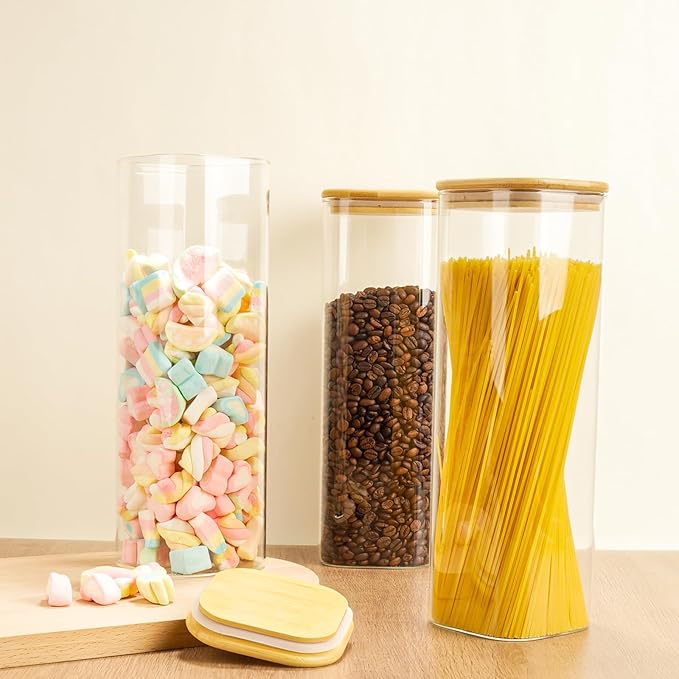 82 Oz Glass Storage Containers with Bamboo Lids, Square Glass Canister Sets Clear Glass Pantry Storage Containers with Lids for Cookie Flour Oat Pasta Tea Coffee Bean, Set of 3