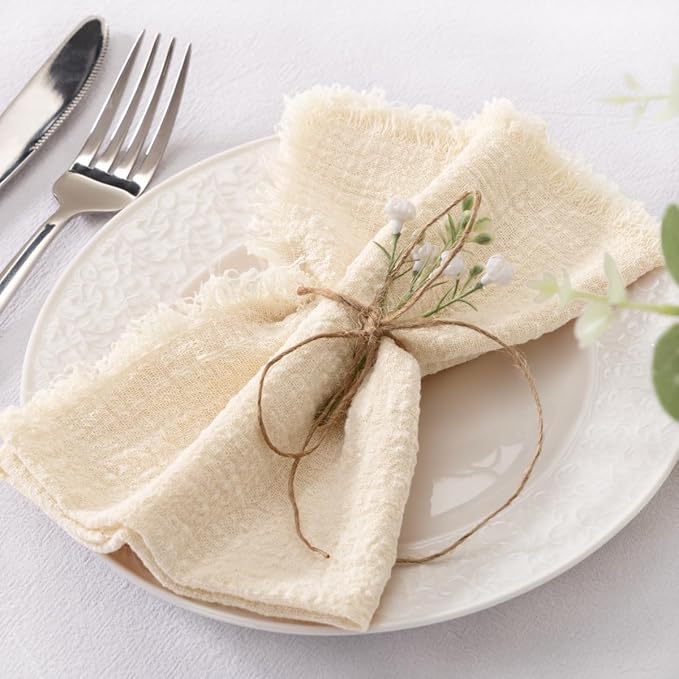 Socomi Set of 6 Linen Napkins Beige Easter Spring Cloth Napkins Washable Cotton Dinner Napkins Fringe 17"x17" for Wedding Party Bridal Baby Shower Birthday Table Decorations