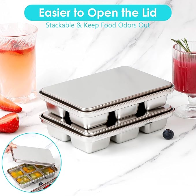 Ice Cube Tray with Lid, 2 Pack 12 Big Cubes, Stainless Steel Ice Cube Trays for Freezer, Ice Cube Molds for Cocktails, Whiskey, Drinks, and Ice Coffee, Easy Release