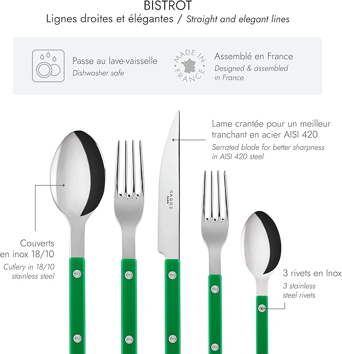 SABRE PARIS - 20-Piece Flatware Set for 4 - Bistrot Collection - Knife, Fork, Soup Spoon, Teaspoon & Dessert Fork - Stainless Steel & Nylon - Dishwasher Safe - Garden Green - Shiny Finish