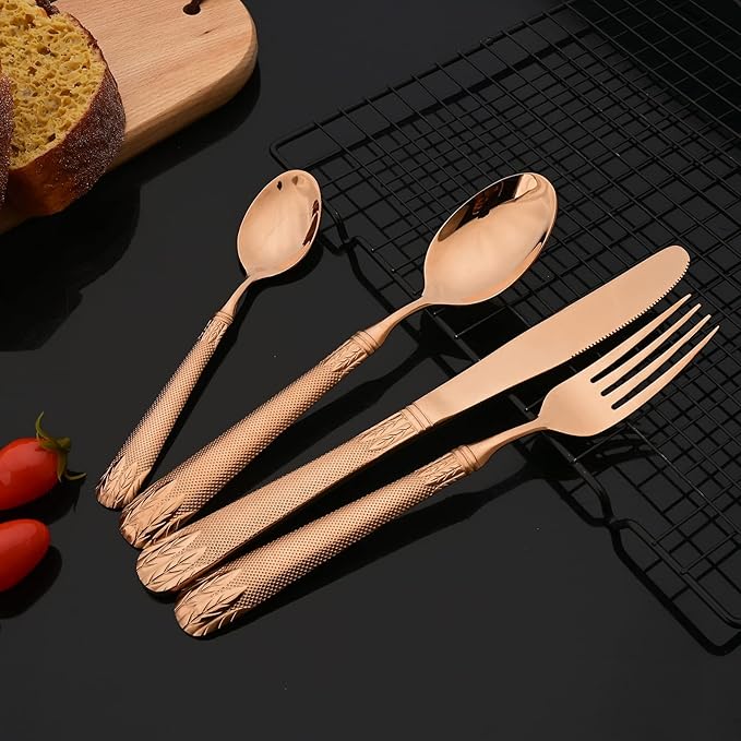 JASHII Copper 304 Stainless Steel Hammered Silverware Set with Wheat Spike Pattern, Modern Eating Tableware Flatware Set, Service for 6. Flat Handle, Dishwasher Safe - Shiny Rose Gold