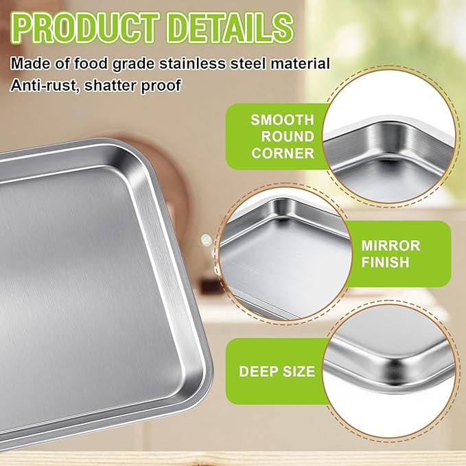 6 Pcs 7.5 x 5.5 Inch Small Baking Sheet Silver Tray Stainless Steel Baking Pan Cookie Sheet Rectangle Mirror Finish and Rust Free Easy Clean and Dishwasher Safe Bakeware Oven Tray for Roasting