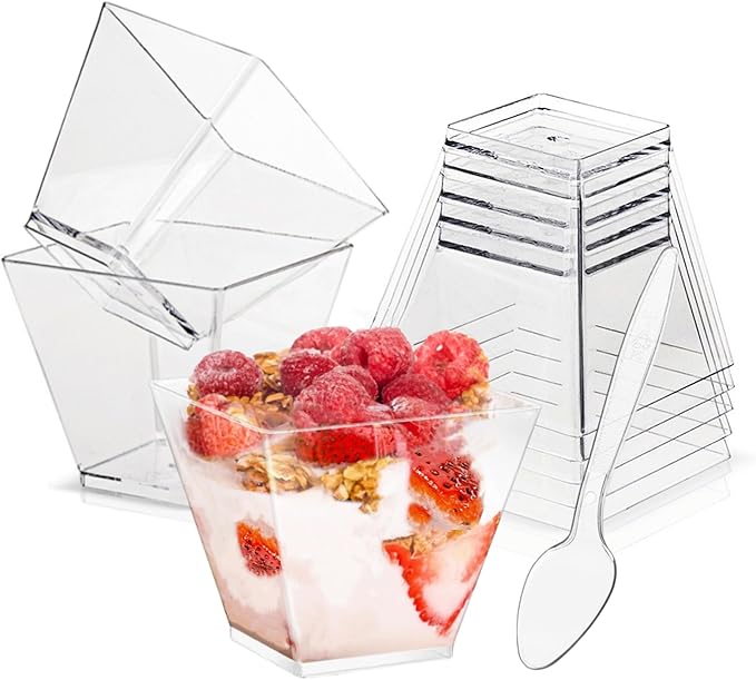 2oz Clear Dessert Cups with Spoons, 50Pcs Reusable Mini Square Dessert Cups, Mini Transparent Appetizers Serving Bowl for Desserts Mousses,Puddings