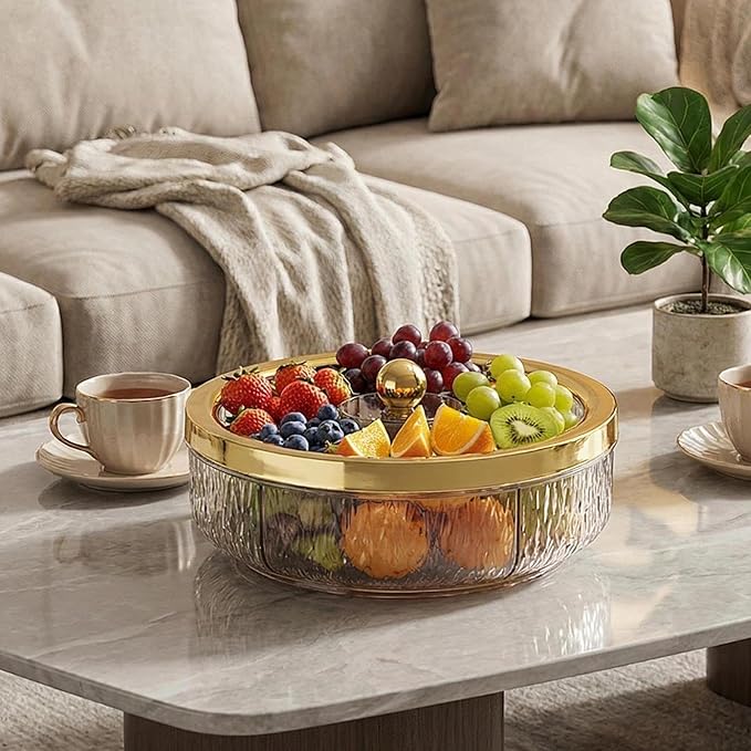 Divided Serving Tray with Transparent Lid Rotating Snack Tray Appetizer Platter Divided Dessert Dish Suitable for Living Room Gatherings GIF, Golden Ball