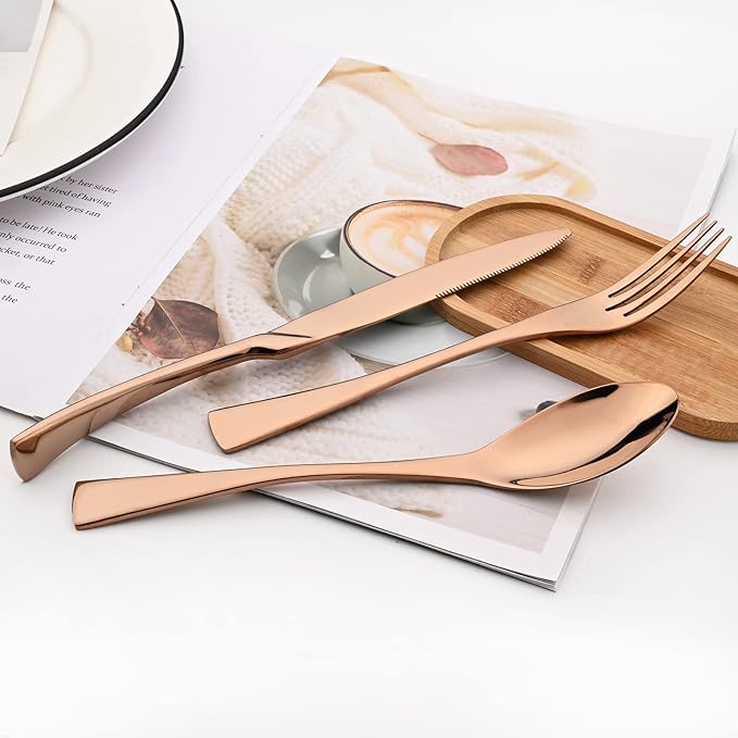 24-Piece 304 Silverware Set, Mirror Polish Serving Flatware Cutlery Set Include Steak Knife Fork Spoon, Wedding Kitchen Restaurant Utensils Daily Use, Service For 4, Rose Gold