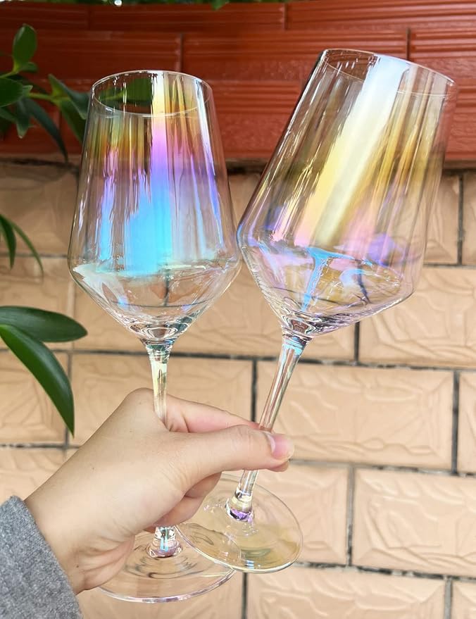 Iridescent Wine Glasses Set of 4-15oz Wine Glass, Hand Blown Crystal Red Wine or White Wine Glass, Gifts for Women, Men, Wedding, Anniversary, Christmas, Birthday, Gift Packaging