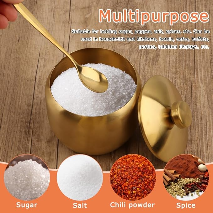 15oz Sugar Bowl with Lid and Spoon, Round Sugar Jar Kitchen Storage Container for Seasonings, Sugar, Salt, Pepper, Spices, Coffee Bar Kitchen Accessories, Dishwasher Safe(COLOR:Gold)