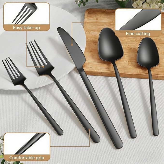 Oval Matte Black 20-Piece Silverware Set, Stainless Steel Flatware Set with American Design, Modern Cutlery Set, Service for 4, Dishwasher Safe