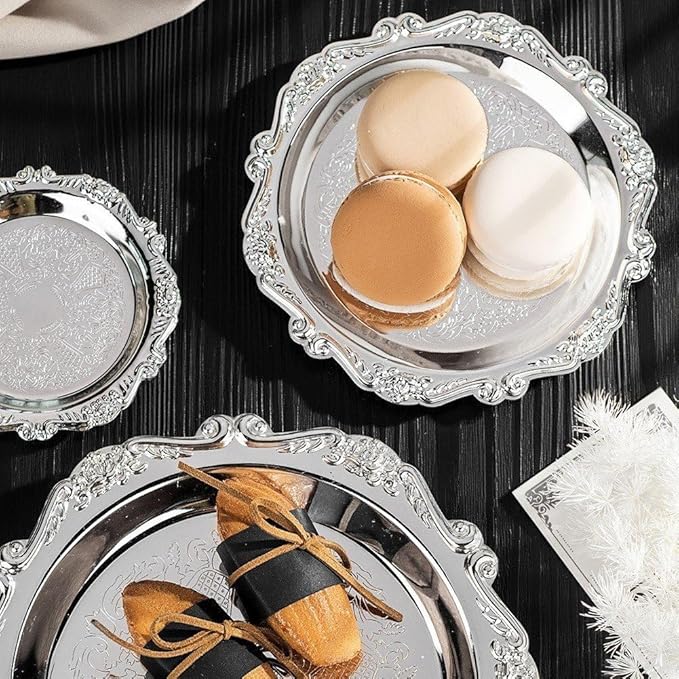 Metal Food Serving Trays Small Instrument Jewelry Tray Silver Fruit and Dessert Plates for Wedding, Hotel, Christmas Candy Display