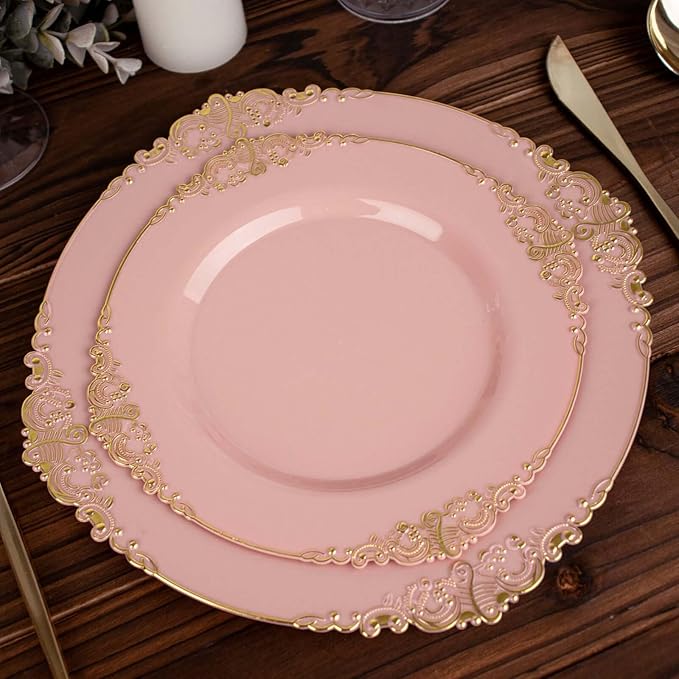8" Salad Plates -Set of 10 - Plastic Rose Gold Round Baroque Disposable Chargers Leaf Embossed Rim, Ideal for Dinner Party Wedding Bulk Events
