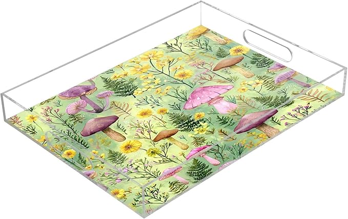 Serving Tray with Handles Clear Acrylic Tray 12x16 Inch Decorative Rectangular Tray Organizer for Ottoman Coffee Table Bathroom Watercolor Mushrooms Green