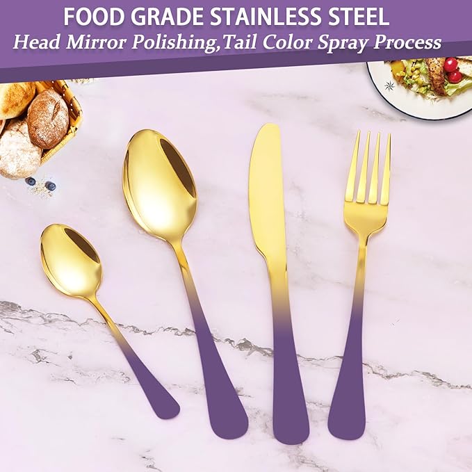 24 Pieces Flatware Set, Stainless Steel Cutlery Set with Silverware Holder, Modern Gold Silverware Set Includes Dinner Knives Forks Spoons,Hanging Silverware Set Service for 6 (Purple)
