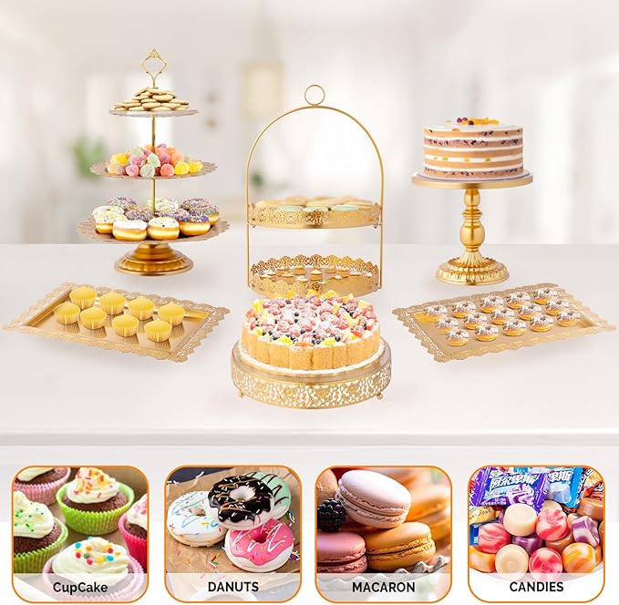 ROVSUN 10PCS Gold Dessert Table Display Set, Metal Cake Stand Set, Round Pedestal Tiered Cupcake Holder Fruit Candy Plate Serving Tower Tray Platter for Birthday Party Wedding Baby Shower Anniversary
