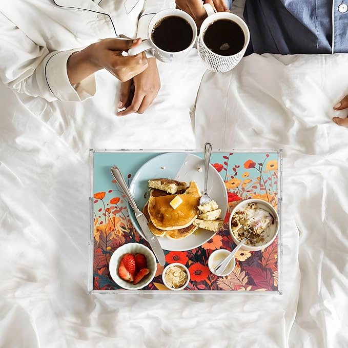 Serving Tray with Handles Clear Acrylic Tray 12x16 Inch Decorative Rectangular Tray Organizer for Ottoman Coffee Table Bathroom Autumn Poppy Flowers