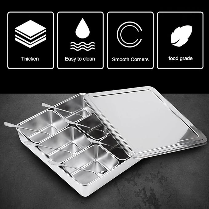 Condiment Containers with Lids, 6 Grids Salt and Sugar Container Sets, Spice Containers with Spoon, Divided Food Storage Containers Condiment Caddy Condiment Dispenser