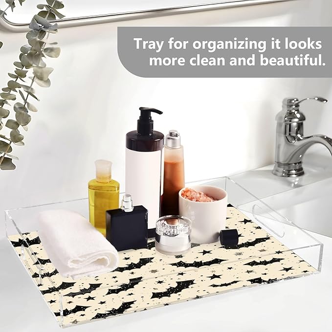 Serving Tray with Handles Clear Acrylic Tray 12x16 Inch Decorative Rectangular Tray Organizer for Ottoman Coffee Table Bathroom Halloween Bats and Stars