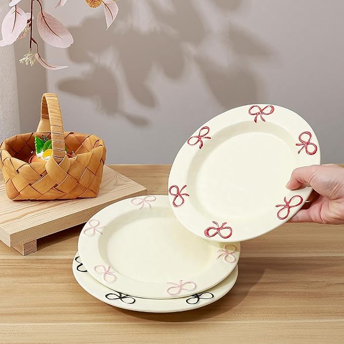 Koythin 8-inch Ceramic Dinner Plates with Bow Design, Microwave Safe - Modern Rustic Serving Dishes for Pasta, Salad, Dessert, Fruits & Appetizers (Red)