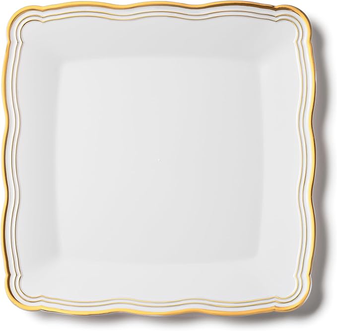 Posh Setting - White Plastic Serving Trays 6 Pack, Heavyweight Plastic Trays for Serving Food Party, Gold Rim Border Disposable Serving Platters and Trays, Platters for Serving Food Party - 12"x12"