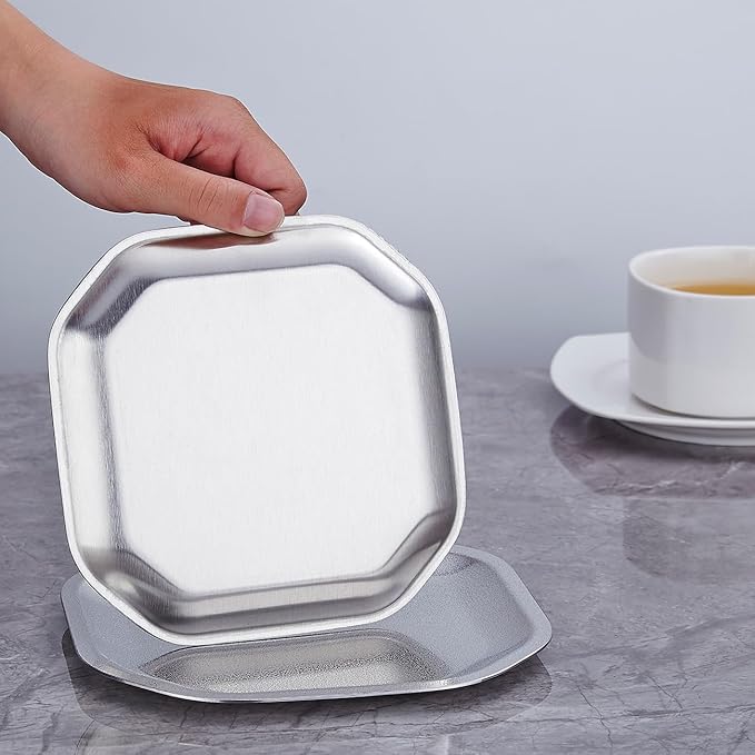 5.9x5.9 inch square Appetizer Plates,thick stainless steel Dinner Plates, Pasta Dessert Plates for Sushi, Fruit oven/Dishwasher Safe, Set of 4,silver