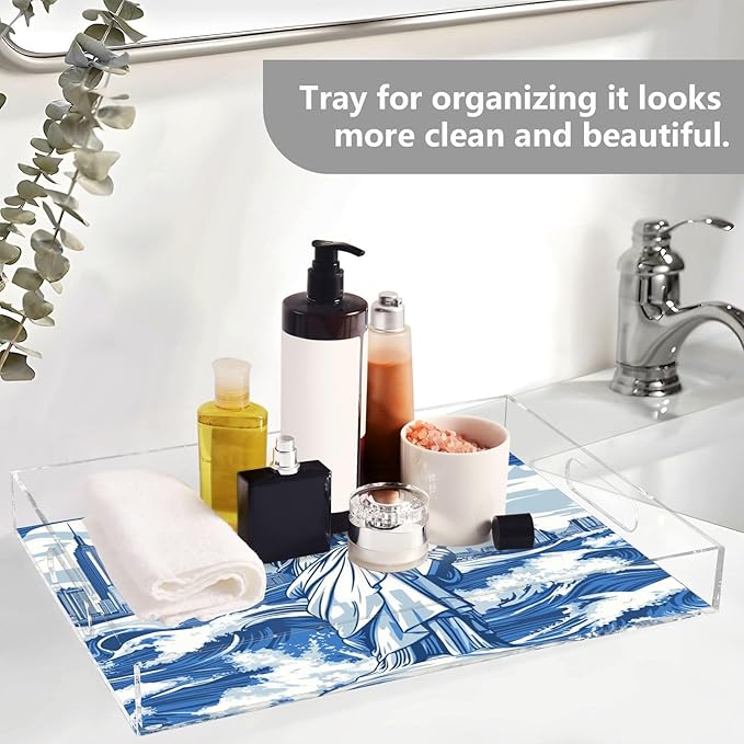 Serving Tray with Handles Clear Acrylic Tray 12x16 Inch Decorative Rectangular Tray Organizer for Ottoman Coffee Table Bathroom Statue of Liberty New York Skyline Waves Blue