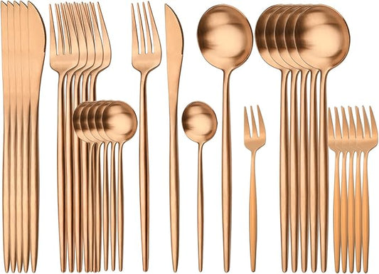 30PCS Matte Round Handle Flatware Set Service For 6, 18/10 Stainless Steel Cutlery Daily Use Tableware Include Cake Fork Teaspoon Set For Home Restaurant Party (Copper)