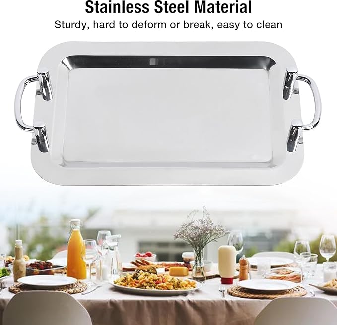 Serving Tray, Bright Mirror Finish Stainless Steel Buffet Plate, Serving Platters with Ergonomic Handle for Banquet Halls, Wedding Receptions (Rectangular (Length 16.9in))