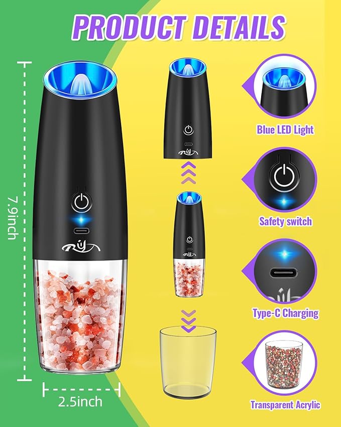 XinXu Upgraded Rechargeable Gravity Electric Pepper and Salt Grinder Set with LED lights,Stainless Steel Automatic Pepper or Salt Grinder Mill Shaker Refillable with Adjustable Coarseness,(Black)