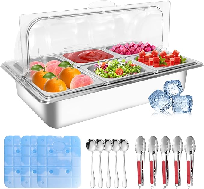 Countertop Ice Food Serving Display Tray with 5 Pan, Salad Bar Buffet Station for Home, Cold Food Buffet Server, Pizza Topping Station, Cold Buffet Table Serving Station for Party