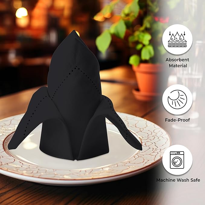 Urban Villa Cloth Napkins Set of 12 20x20 Inches 100% Cotton Hemstitch Napkins Cloth Washable Durable Reusable Absorbent Table Dinner Napkins Cloth for Hotel Lunch Restaurant Weddings Parties – Black