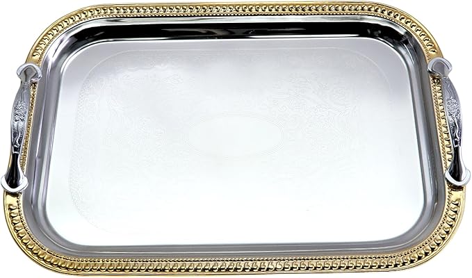 13.8 inch x 9.4 inch Oblong Chrome Plated Mirror Silver Serving Tray with Handles Stylish Design Floral Engraved Iron Gold Edge Decorative Party Birthday Buffet Platter Plate FST-023