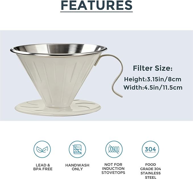 AGOGO Portable Pour Over Coffee Maker V60 Set - Easy Cleaning Compact 304 Stainless Steel Dripper for Camping & 50 Filters Paper & Cleaning Rag Cream V60