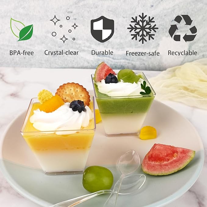30 Pack 3.5 oz Square Dessert Cups with Spoons, Mini Plastic Parfait Appetizer Cups, Clear Reusable Small Shooter Cups, Serving Bowls for Tasting Party Samples Dessert Shot Glasses