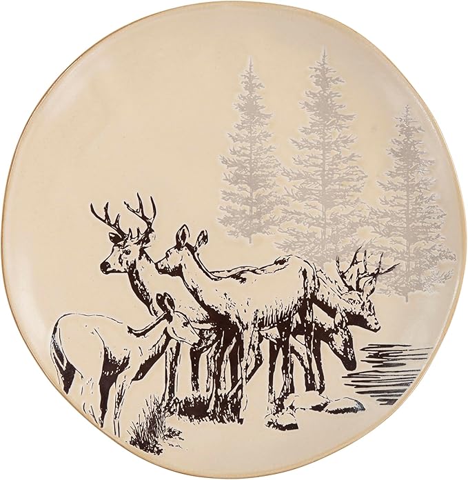 Paseo Road White Pine 16 Piece Ceramic Dinnerware Set, Pine Tree Bear Deer Moose Fox Print, Modern Rustic Cabin Lodge Dish Set with Plates, Bowls, Mugs